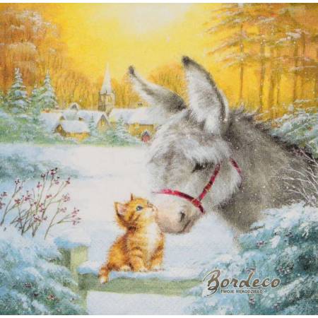 Serwetka decoupage firmy AMBIENTE osiołek z kotkiem 33x33cm